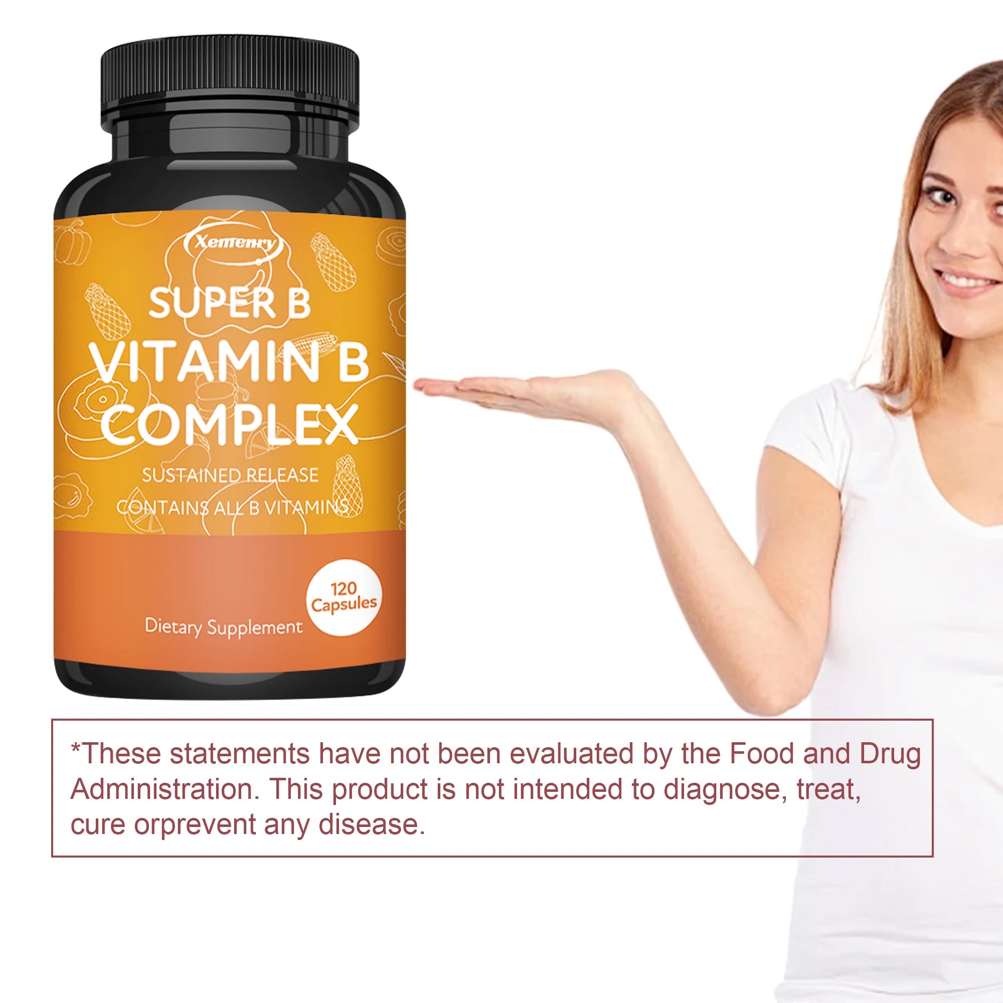 Vitamin B Complex - with Vitamin C, B1, B2, B3, B6, B12 - Energy, Relieve Stress, and Enhance Immunity - 120 Capsules