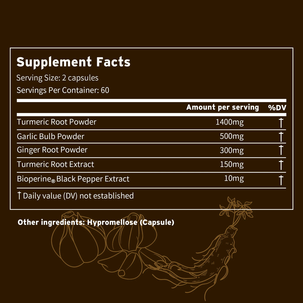 4-in-1 Turmeric Ginger Supplement - Garlic, Turmeric Root, Black Pepper - Joints, Immune Support, Digestion - 120 Capsules