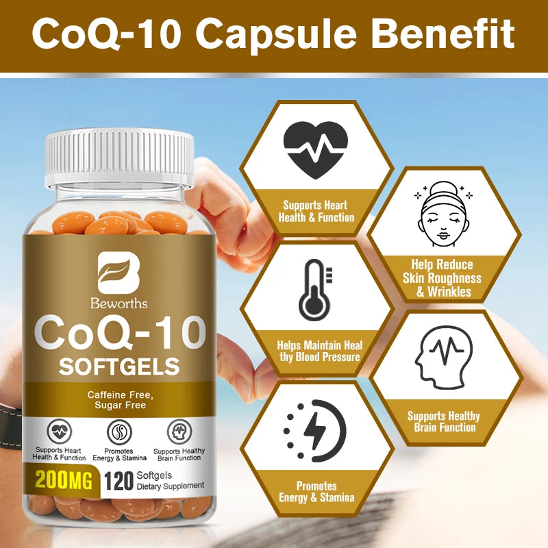 BEWORTHS Coenzyme Q10 Capsules COQ10 Health Supplement for Adult Enhance Heart Function Support Brain and Skin Health
