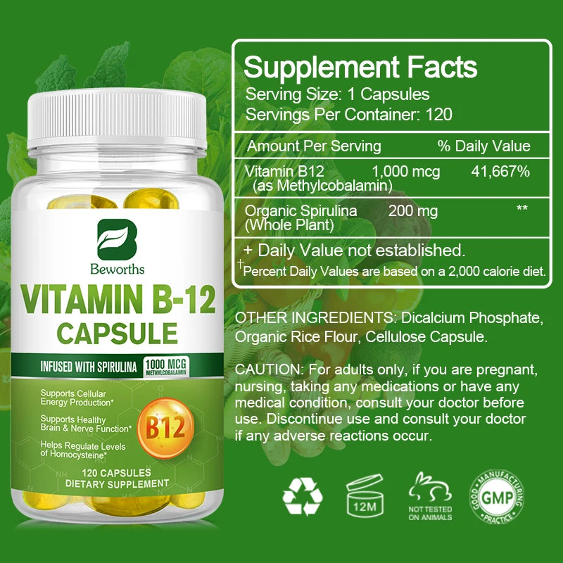 BEWORTHS 1000mcg Organic Vitamin B12 Capsules Support Cellular Energy Production, Brain and  Nervous System Health 120PCS