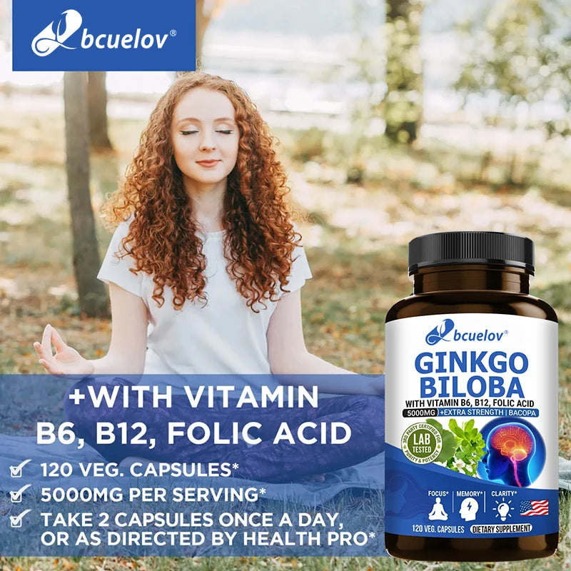 Ginkgo Biloba 5000mg Supplement - with Vitamin B6 B12 Folic Acid - Brain Memory Mental Clarity Alertness Energy Mood Support