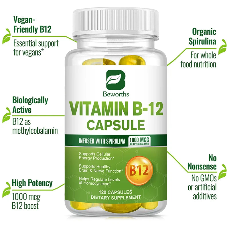 BEWORTHS 1000mcg Organic Vitamin B12 Capsules Support Cellular Energy Production, Brain and  Nervous System Health 120PCS