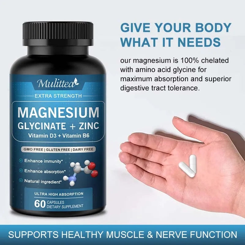 Mulittea 500mg Glycine Magnesium with Zinc,Vitamin D3 B6 Health for Bones and Teeth Health Helps Natural Sleep Relieve stress