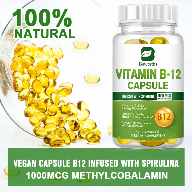 BEWORTHS 1000mcg Organic Vitamin B12 Capsules Support Cellular Energy Production, Brain and  Nervous System Health 120PCS