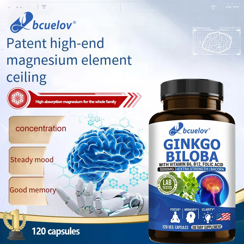 Ginkgo Biloba 5000mg Supplement - with Vitamin B6 B12 Folic Acid - Brain Memory Mental Clarity Alertness Energy Mood Support