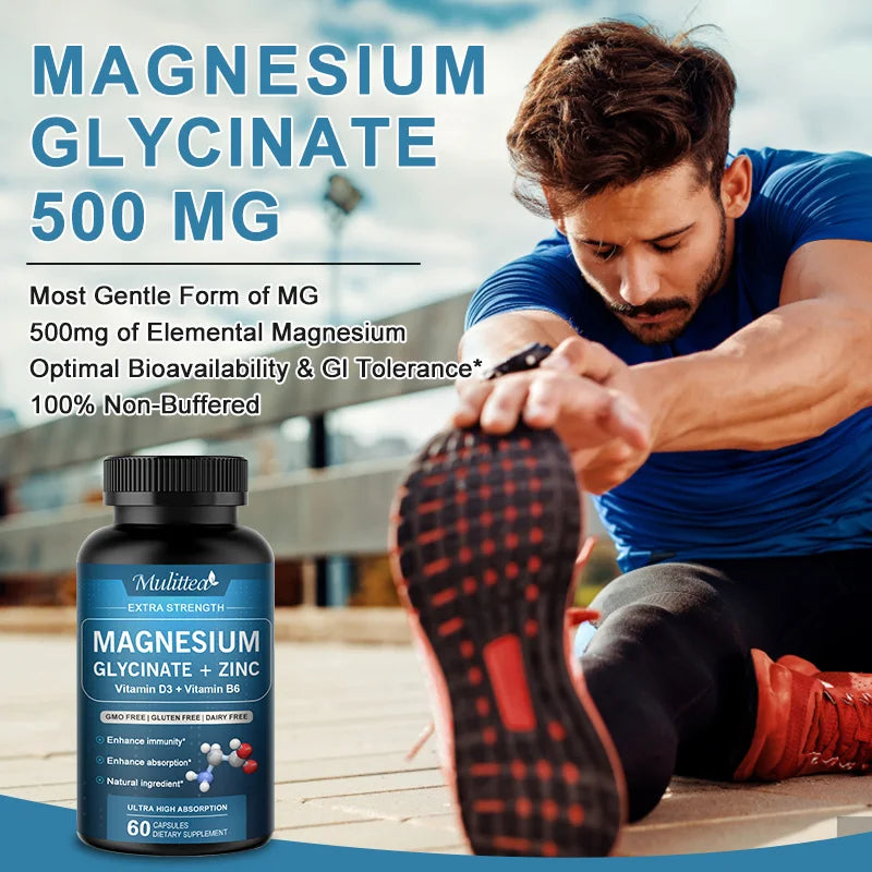 Mulittea 500mg Glycine Magnesium with Zinc,Vitamin D3 B6 Health for Bones and Teeth Health Helps Natural Sleep Relieve stress