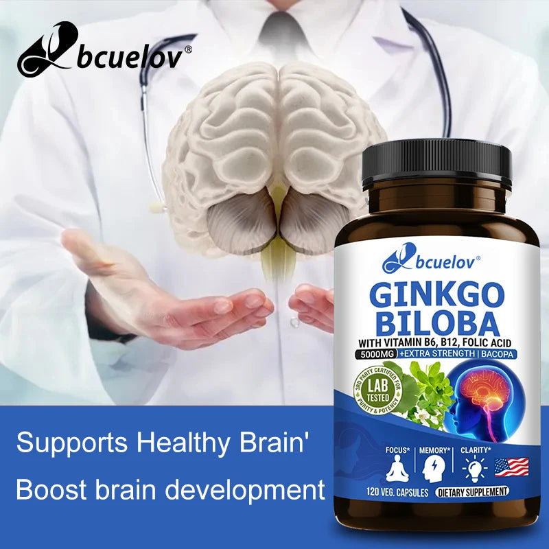 Ginkgo Biloba 5000mg Supplement - with Vitamin B6 B12 Folic Acid - Brain Memory Mental Clarity Alertness Energy Mood Support