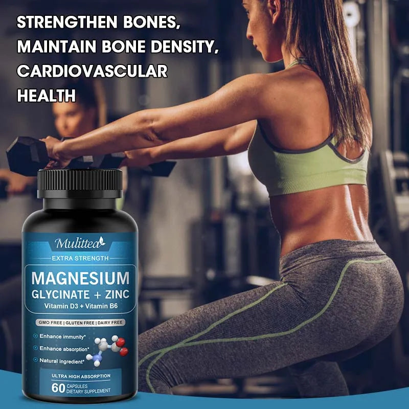 Mulittea 500mg Glycine Magnesium with Zinc,Vitamin D3 B6 Health for Bones and Teeth Health Helps Natural Sleep Relieve stress