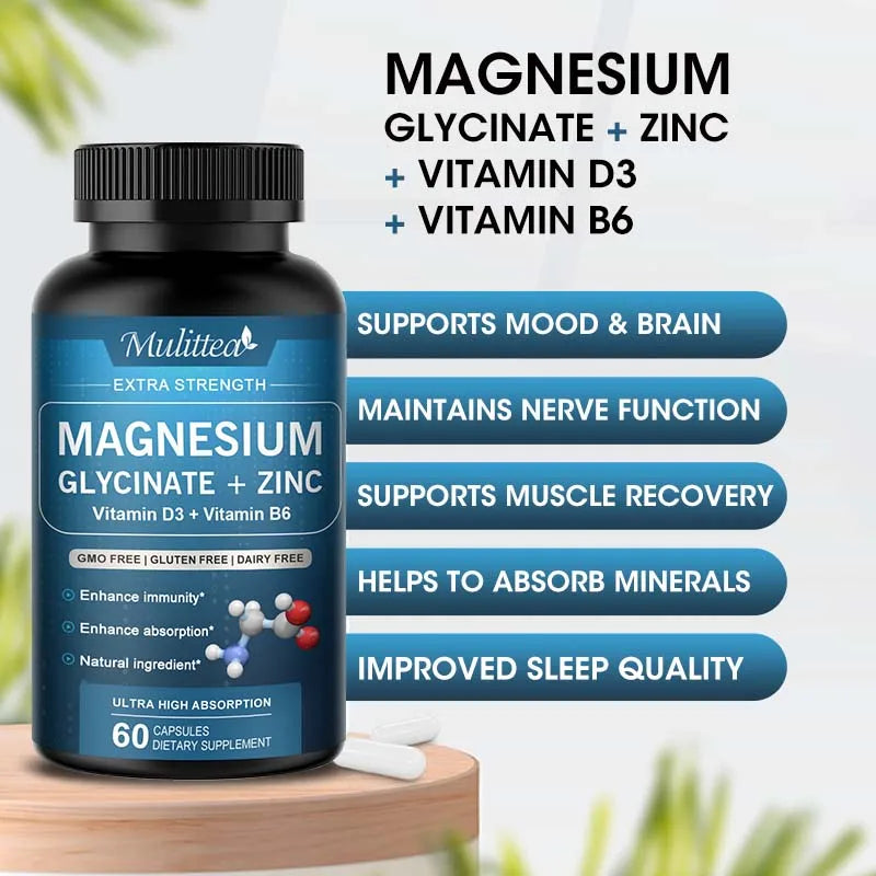 Mulittea 500mg Glycine Magnesium with Zinc,Vitamin D3 B6 Health for Bones and Teeth Health Helps Natural Sleep Relieve stress