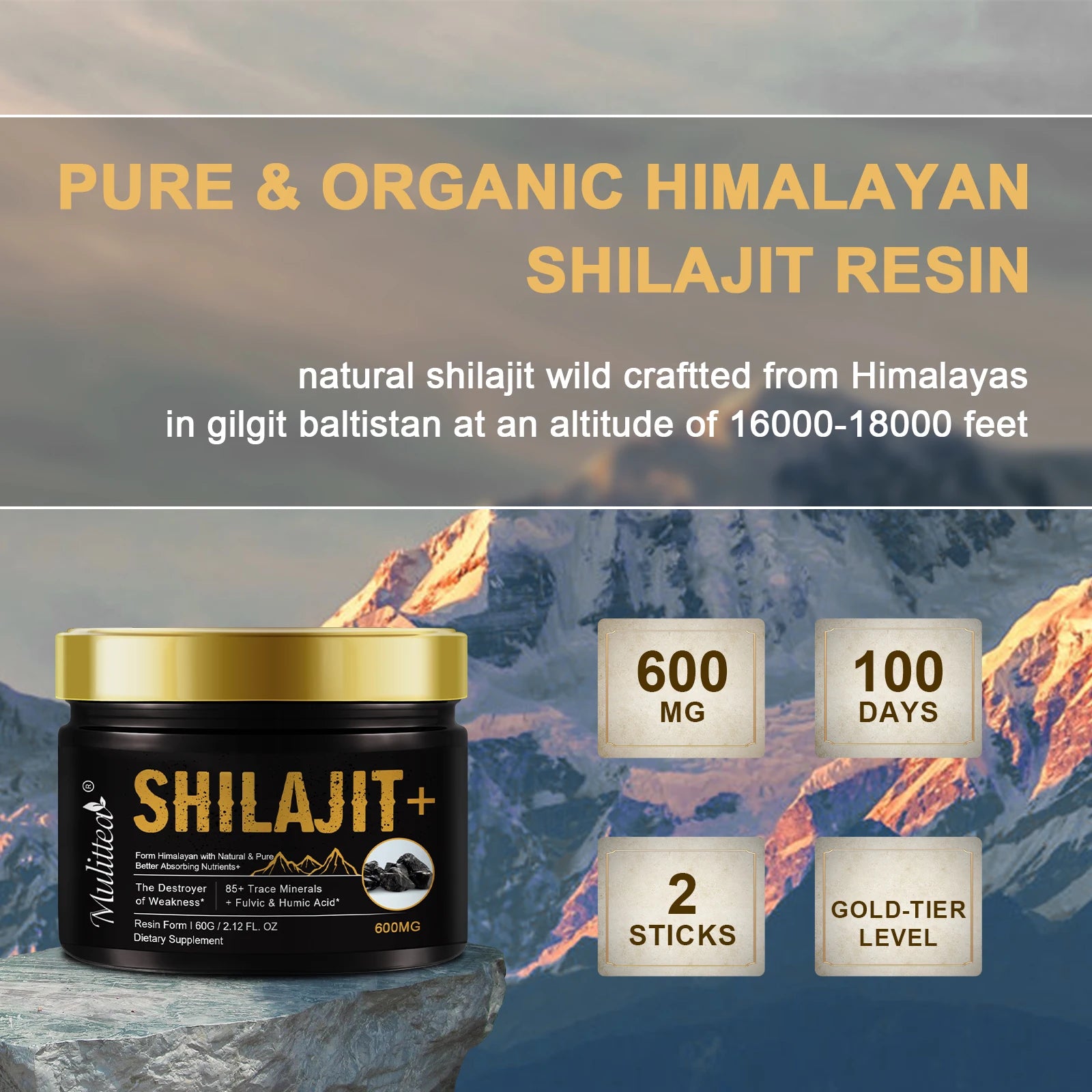 Mulittea 100% Pure shilajits with 85+ Trace Minerals & Fulvic Acid Support Immune and Metabolic Health Brain Focus and Memory