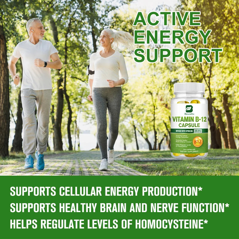 BEWORTHS 1000mcg Organic Vitamin B12 Capsules Support Cellular Energy Production, Brain and  Nervous System Health 120PCS