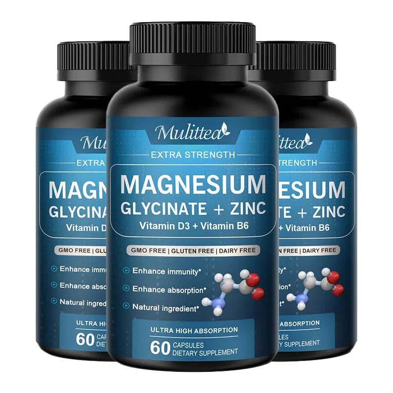 Mulittea 500mg Glycine Magnesium with Zinc,Vitamin D3 B6 Health for Bones and Teeth Health Helps Natural Sleep Relieve stress