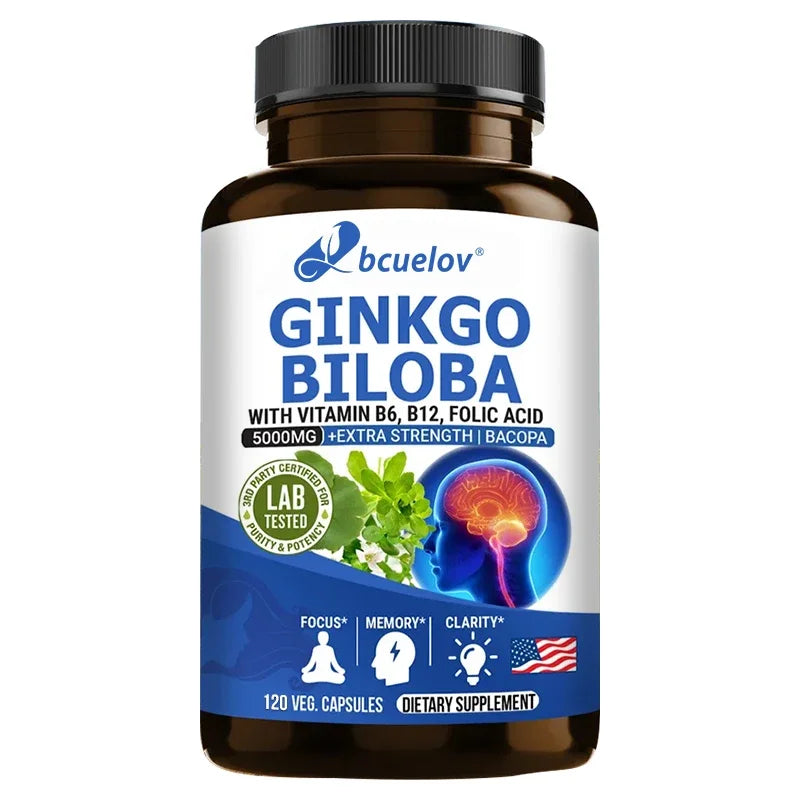 Ginkgo Biloba 5000mg Supplement - with Vitamin B6 B12 Folic Acid - Brain Memory Mental Clarity Alertness Energy Mood Support