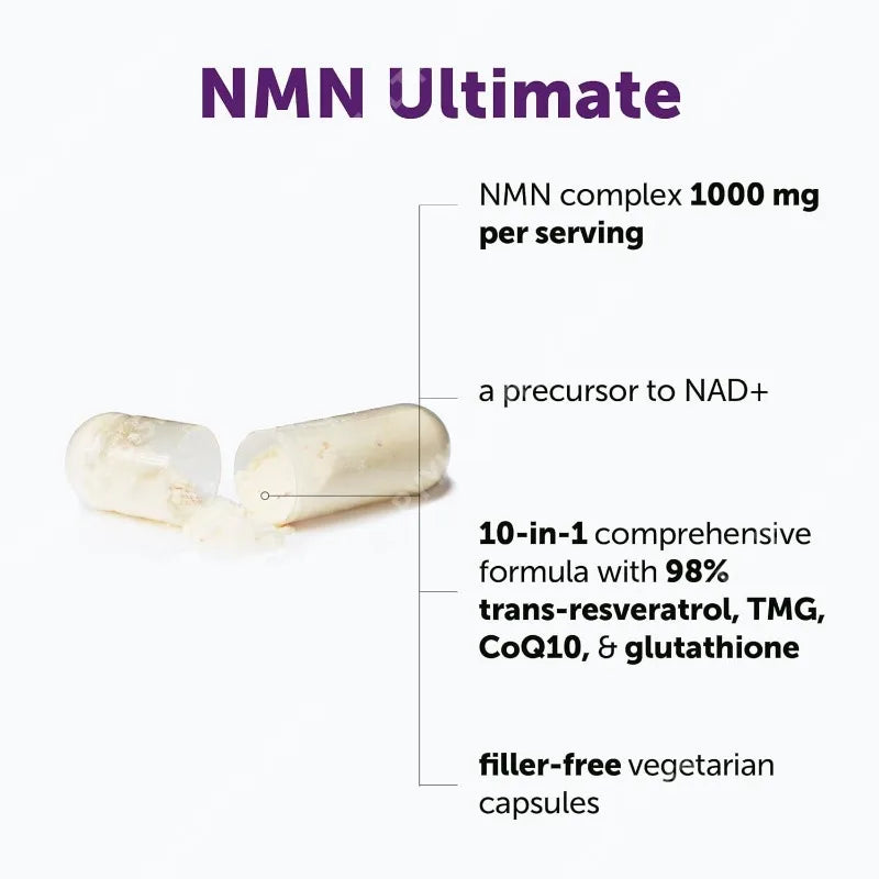NMN Complex 1000mg Per Serving, 120 Veggie Capsules 10-in-1 Glutathione NAD+ Supplement Precursor