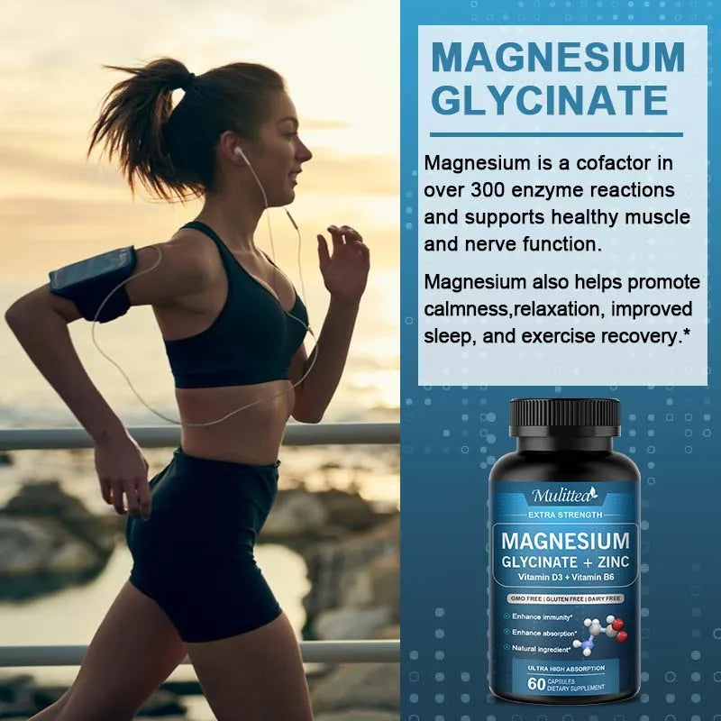 Mulittea 500mg Glycine Magnesium with Zinc,Vitamin D3 B6 Health for Bones and Teeth Health Helps Natural Sleep Relieve stress