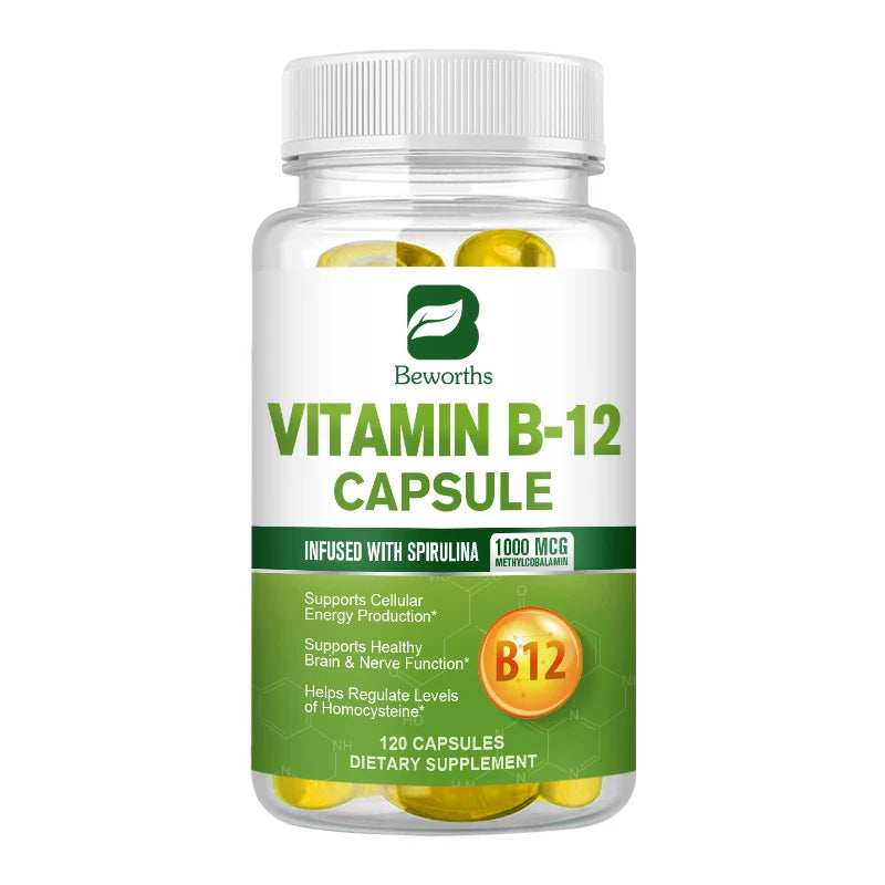 BEWORTHS 1000mcg Organic Vitamin B12 Capsules Support Cellular Energy Production, Brain and  Nervous System Health 120PCS