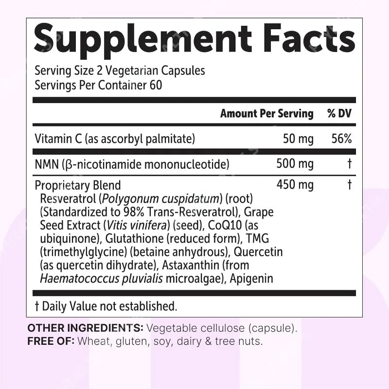 NMN Complex 1000mg Per Serving, 120 Veggie Capsules 10-in-1 Glutathione NAD+ Supplement Precursor