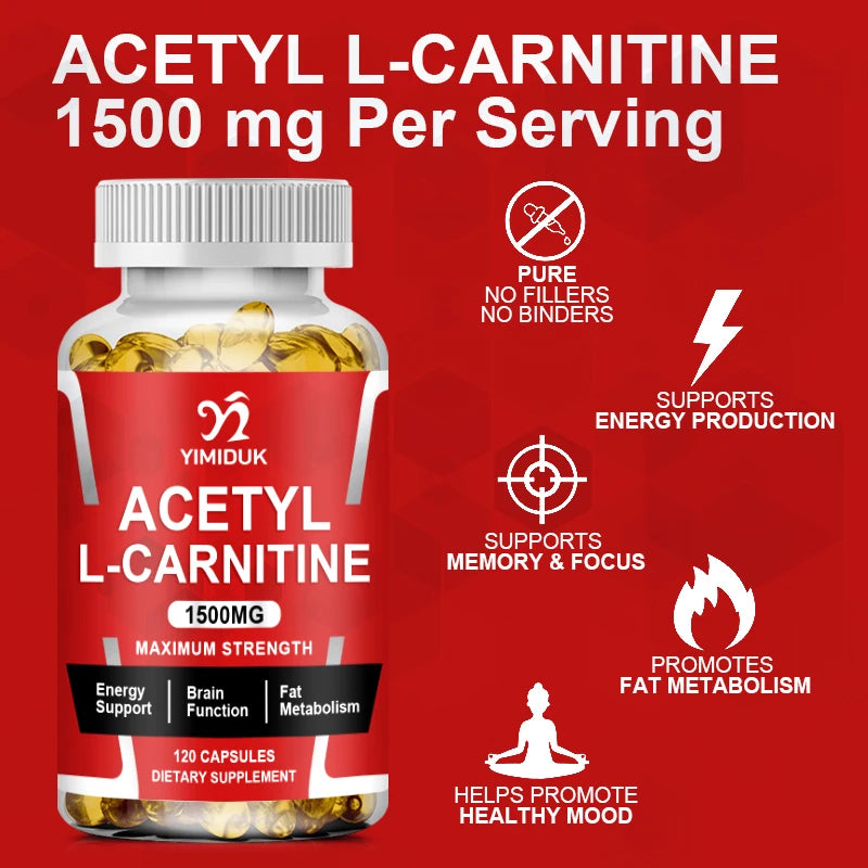 Acetyl L-Carnitine Capsules 1500 mg, Energy Supplement, Memory Supplement – Free Form Amino Acid, Nitric Oxide Support