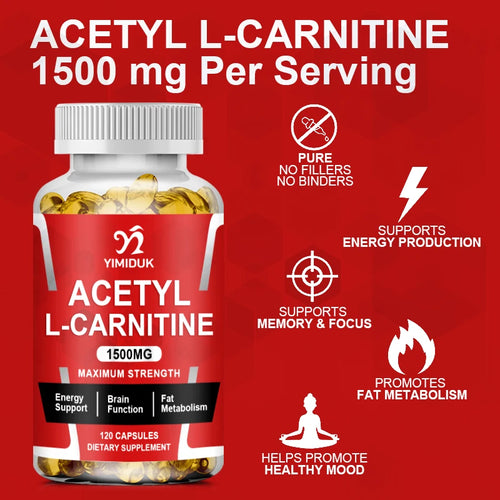 Acetyl L-Carnitine Capsules 1500 mg, Energy Supplement, Memory Supplement – Free Form Amino Acid, Nitric Oxide Support